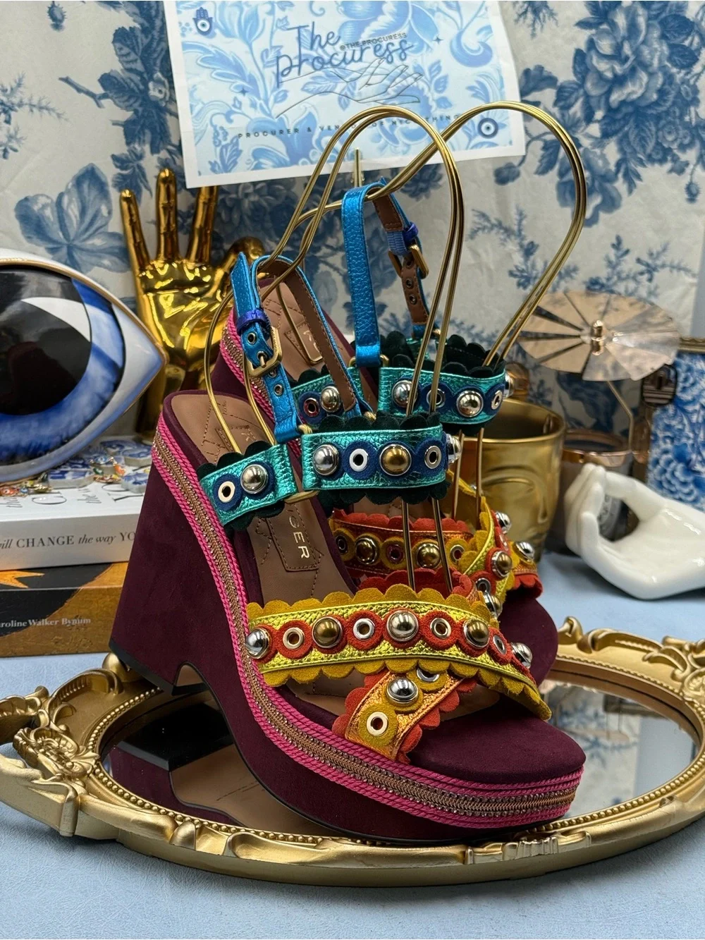 🆕 KURT GEIGER LONDON 🧿 NWOB Scalloped Stud X Wedge Heel Multicolor - Sz 37 US7